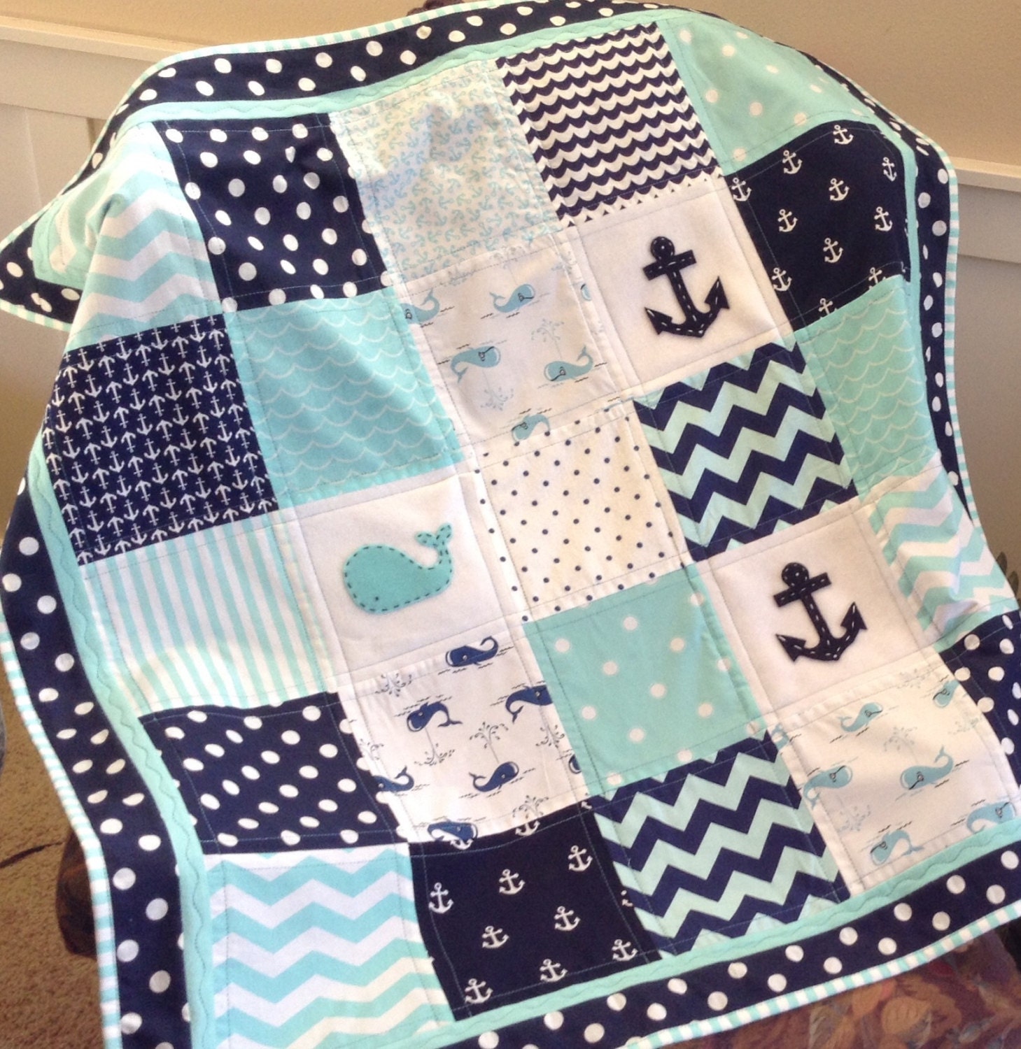 Nautical Anchor & Baby Whale quilt in Aqua and by Lovesewnseams