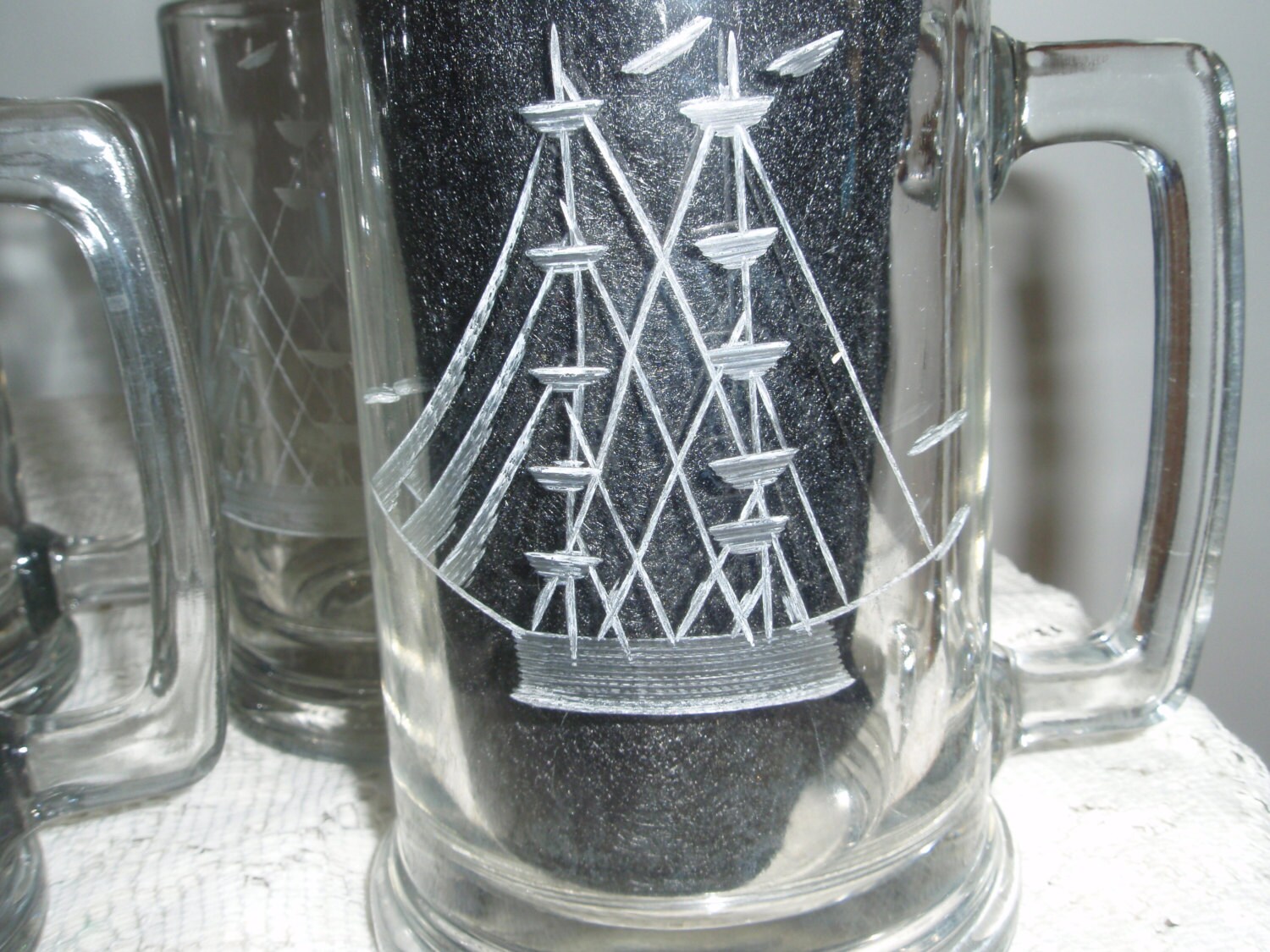 Tall Ship Mugs Four Etched Glass Mugs with Tall ships Etched