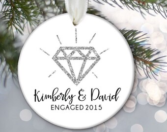 Personalized ENGAGEMENT Ornament, Faux Glitter Diamond, Engagement Gift, Ceramic Ornament Dated Ornament Personalized Engaged Ornament OR460