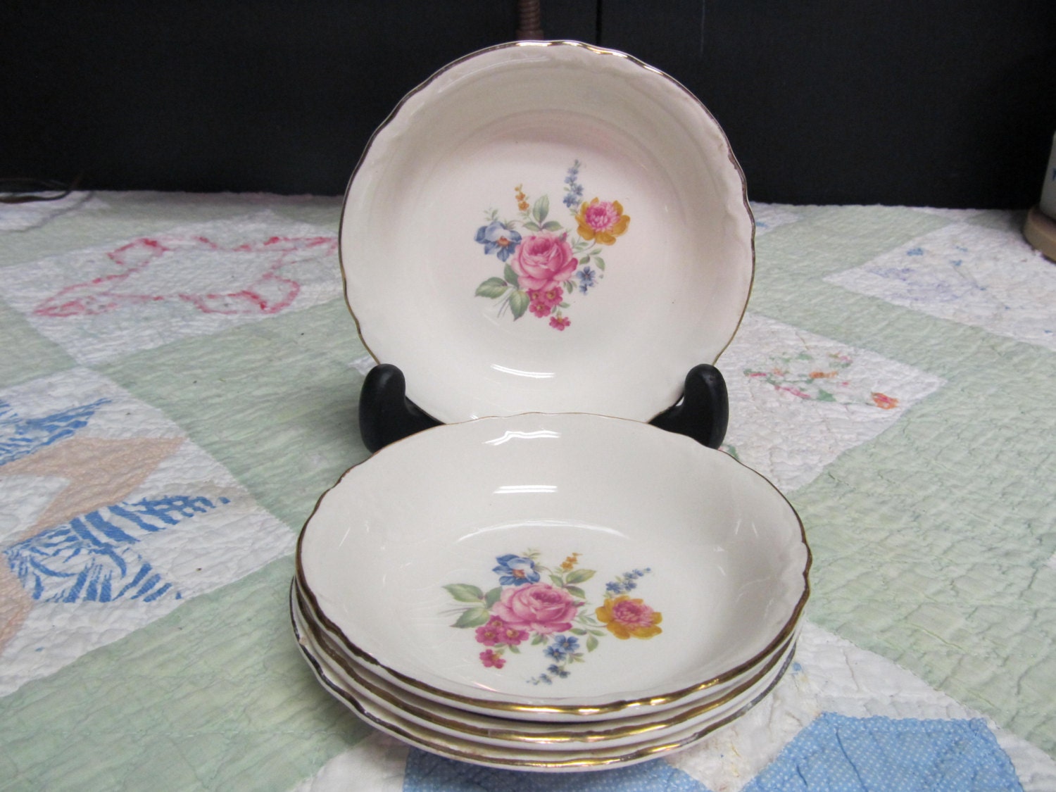 Vintage Set of Four Fruit Bowls with Floral Bouquet and Gold Rims