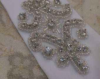Beautiful white bridal BELT with silver rhinestone wedding appliqué