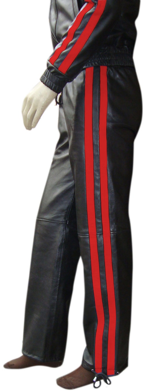 Leather Track Suit Pants Bottoms in 2 Stripes in Red Yellow