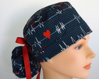 Heartbeat Ponytail - Womens lined surgical scrub cap, scrub hat, Nurse surgical hat, 108-900 B