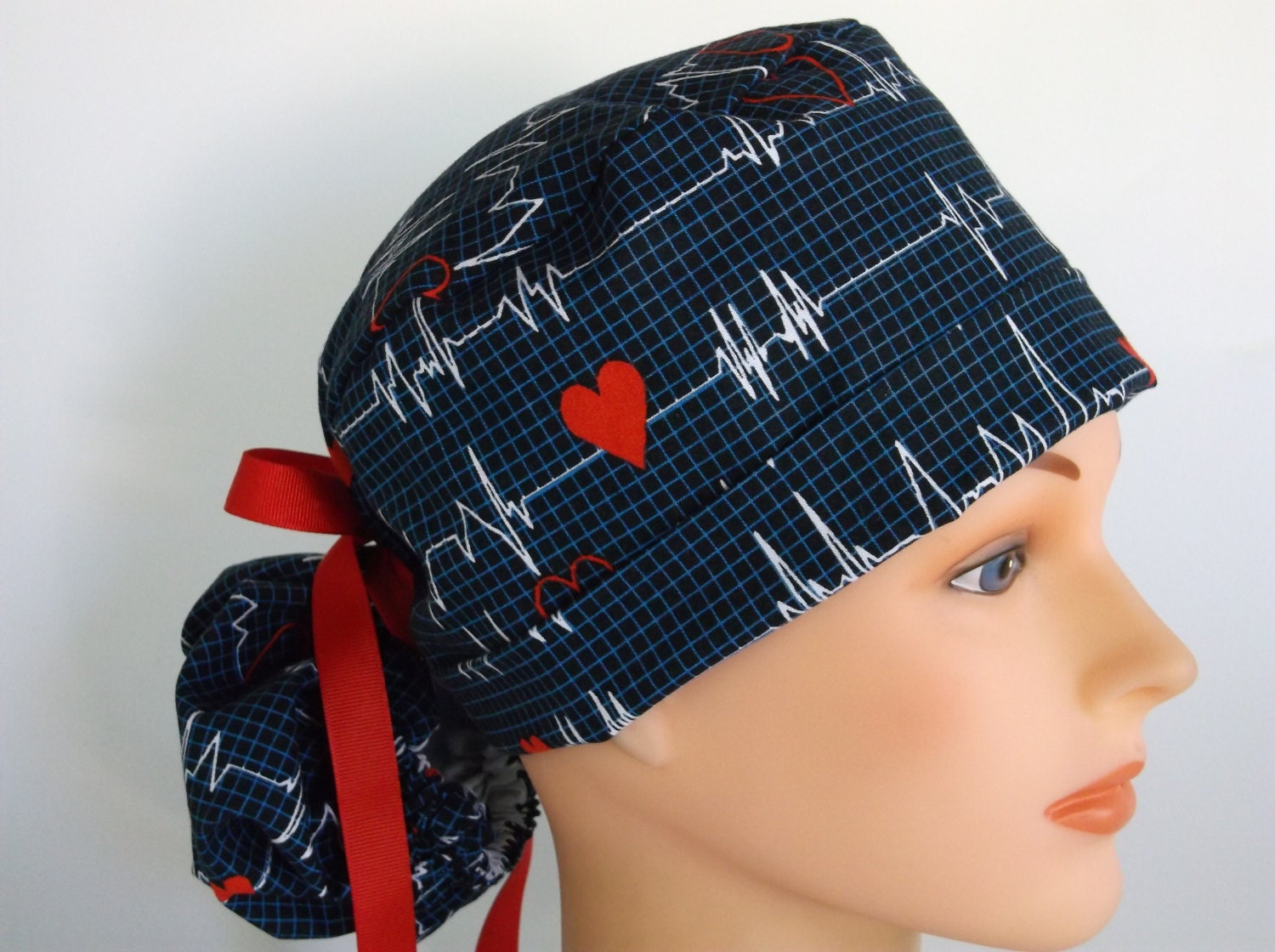 Heartbeat Ponytail Womens lined surgical scrub cap scrub