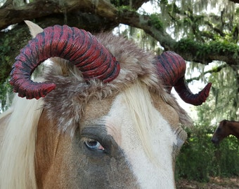 Satyr Horse Horns - Rams Horns for Horse or Pony with choice of Faux Fur Hat - Costume for Horses, Equine Costume