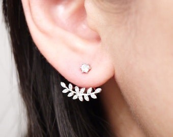 Silver Cubic Zirconia Leaf Ear Jacket Earrings, Two Side Earrings, Ear Jackets, Bridal Jewelry
