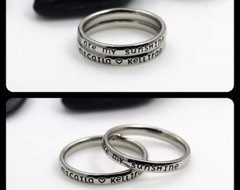 Hand-Stamped Stacking 3mm *Shiny Finish* "You Are My Sunshine" Stainless Steel Name Rings Set