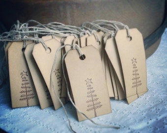 Olde Christmas Tree- handstamped twig tree, primitive tree, simple, Christmas gift tags, set of 12
