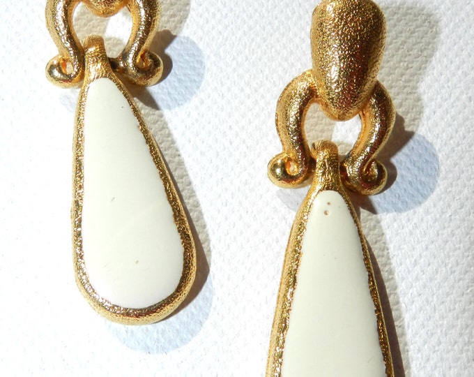 Vintage Anne Klein Earrings, Anne Klein Dangle Door Knocker Earrings, Enamel Brushed Gold, Wedding Jewelry, Post Pierced