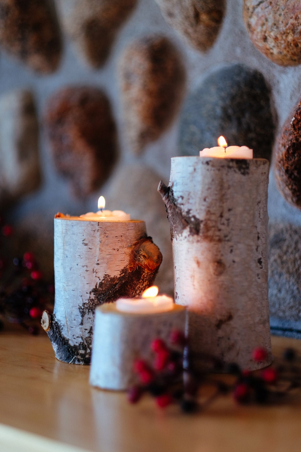 Set of 3 Tree birch branch candle holders Rustic Candle