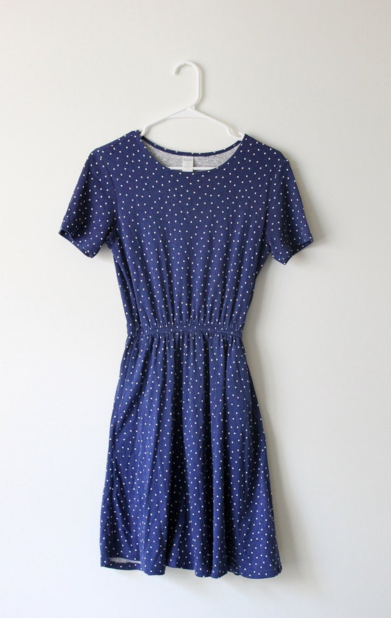 Knit Blue and White Tiny Polka Dot Shirt Dress Size S