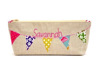 Personalised Pencil Case // Bunting Design // choose your fabric // Children's gift // Teacher gift