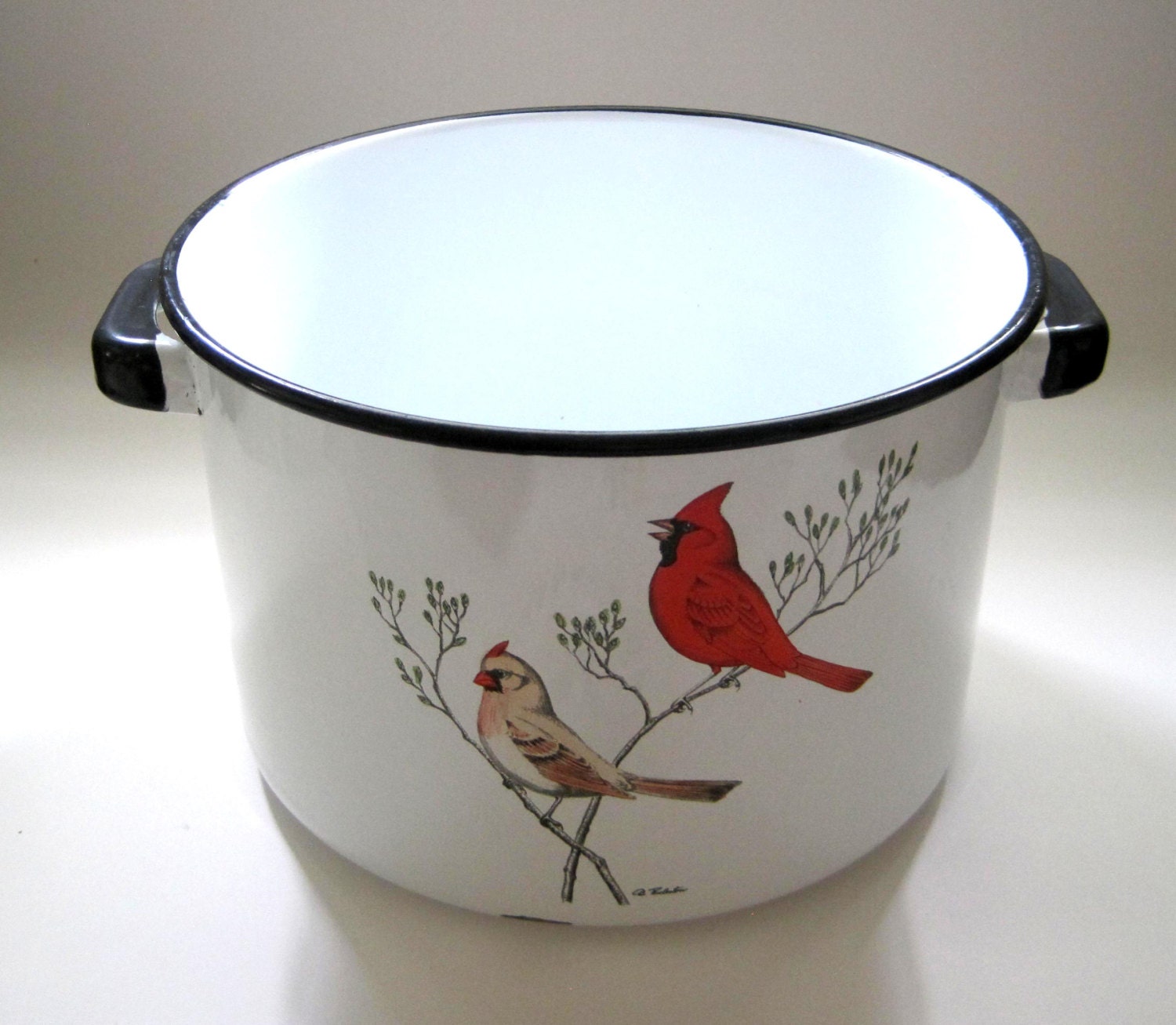 White Enamel Stock Pot by Dela Ware Birds on a Branch