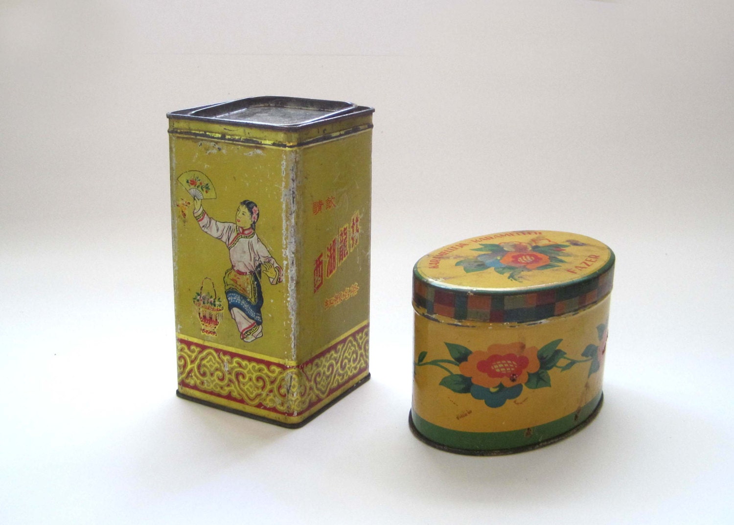 2 Antique Yellow Tin Boxes, Oriental Tea Tin, Swedish Candy Tin