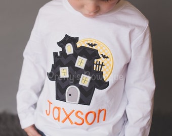 Boys Halloween shirt or bodysuit - haunted house with moon and bats- boys shirt or bodysuit personalized