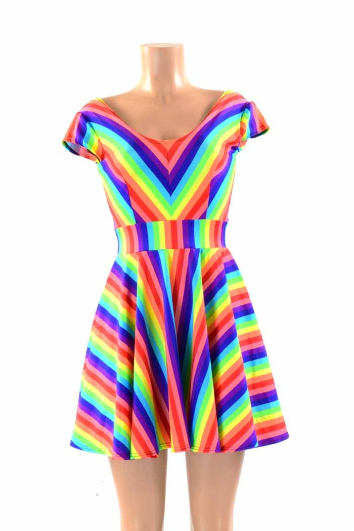 Rainbow Stripe Darted Cap Sleeve Fit and Flare Skater Dress
