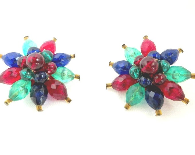 Vintage Tri-Color Lucite Earrings, West Germany Red Blue Green Flower Clip-on Earrings