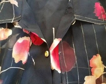 Black and Red rose blouse shot with metallic gold thread with filmy overlay sheer sleeves one size approx 16-18 by C B Australia