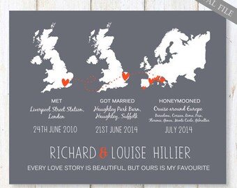 1st anniversary gift for wife - Custom wedding map gift for wife - Custom met engaged married Map anniversary gift art - DIGITAL file only!