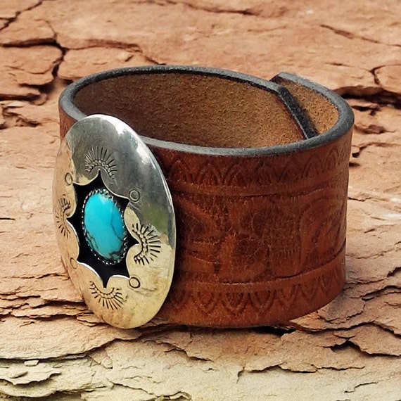 Leather Cuff Bracelet with Old Pawn by RocaJewelryDesigns on Etsy