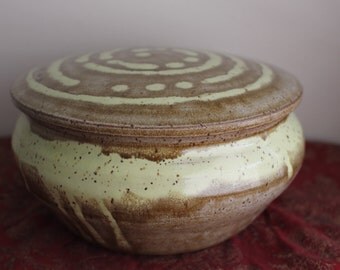 Lidded Bowl with Neon Green Sprial Design and Turquoise Interior