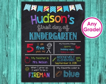 Back to School Sign, First Day of Kindergarten Sign Chalkboard Printable, First Day of Preschool School Sign Personalized Grade Boy Blue