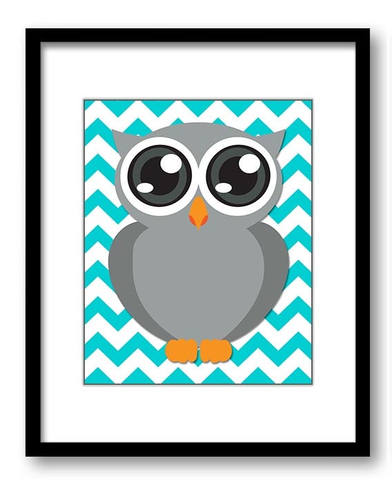 Blue Turquoise Grey Owl Nursery Art Nursery Print Baby Art Chevron Baby Animal Owl Print Kids Wall A