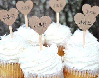 kraft heart wedding cupcake toppers, kraft custom initial cupcake toppers, wedding heart cupcake toppers, kraft heart party picks- set of 24