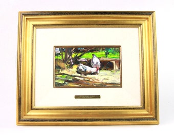 Cyrus Afsary "Nesting Chickens"Beautiful Original Oil Painting- Listed Artist