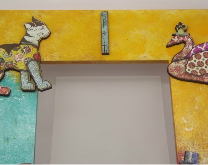Free Spirit Funky Spunk Animals in Blue, Pink, and Yellow Theme Picture/Photo Frame One of a Kind OOAK Gift 5x7