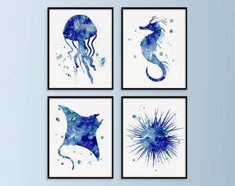 Set Of 4 Nautical Watercolor Prints, Sea Life Prints, Beach Art Print, Coastal Wall Art, Jellyfish, Seahorse, Manta Ray, Sea Urchin, Blue