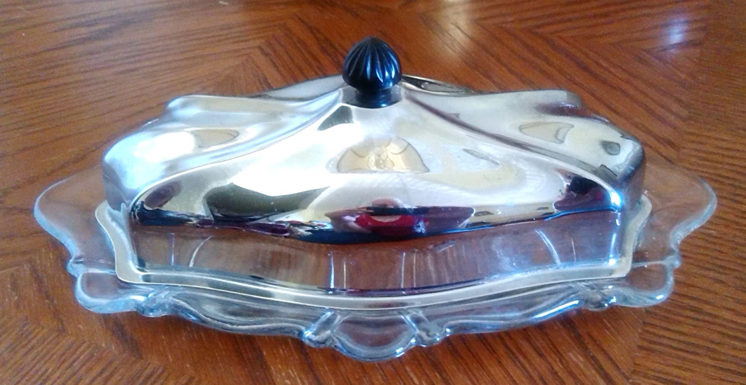 Vintage/Antique Butter Dish Stainless Steel Lid Glass Dish Ornate