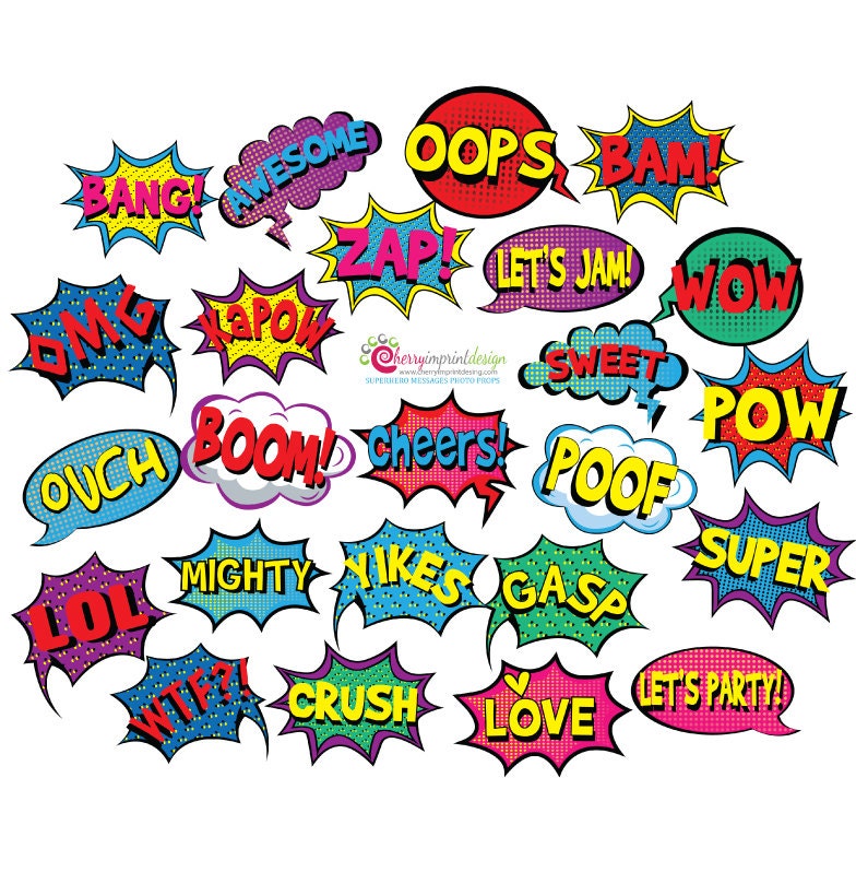 24 Funny Superhero Comic Action Bubbles Messages Photo Booth 