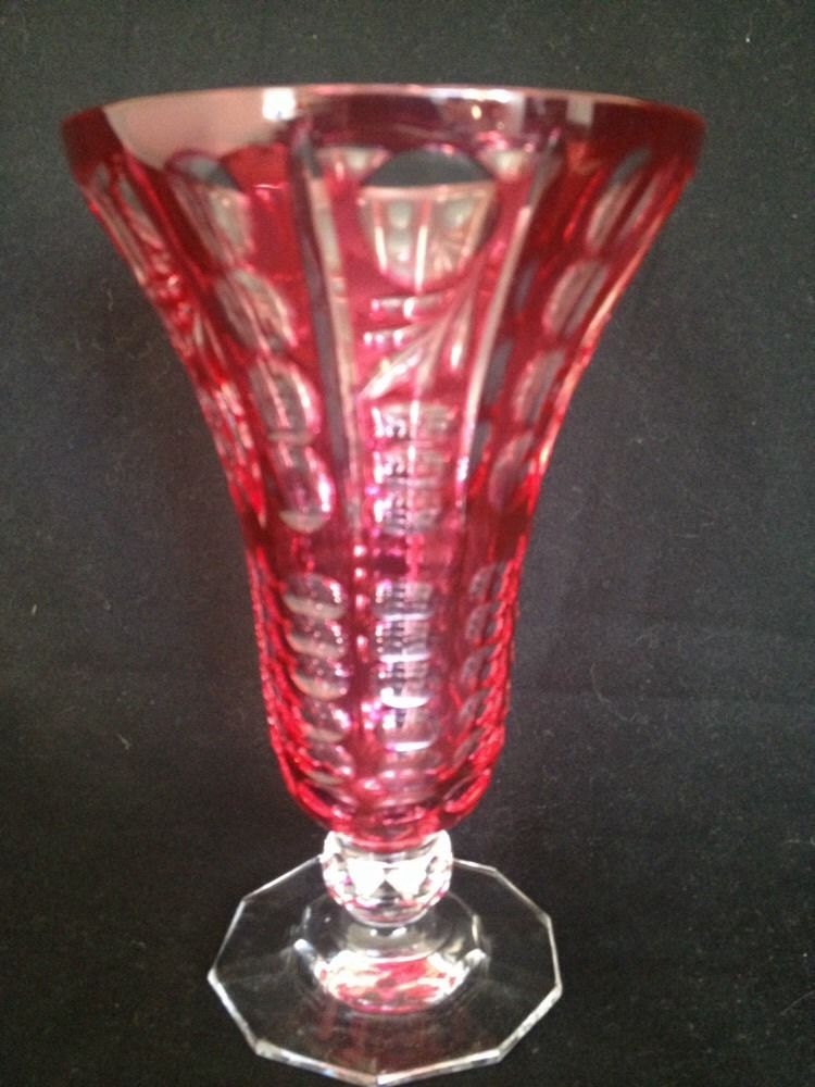 Vintage Cranberry Glass Vase Cut Clear Thumbprint Coin 3rd 4th