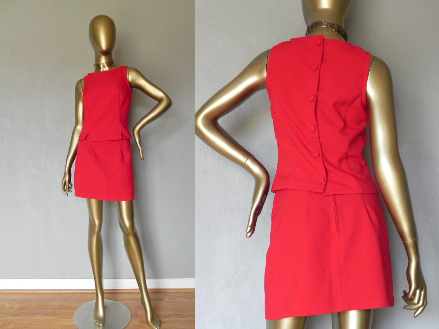 red skirt suit sleeveless two piece mini suit