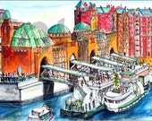 Original watercolor painting. Hamburg. Second largest city in Germany. HAMBURG SPEICHERSTADT. Original watercolor painting. Hamburg. Second largest city in Germany. HAMBURG SPEICHERSTADT.
