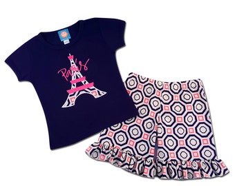 Girls Eiffel Tower Paris Shirt with Coordinating Ruffle Shorts