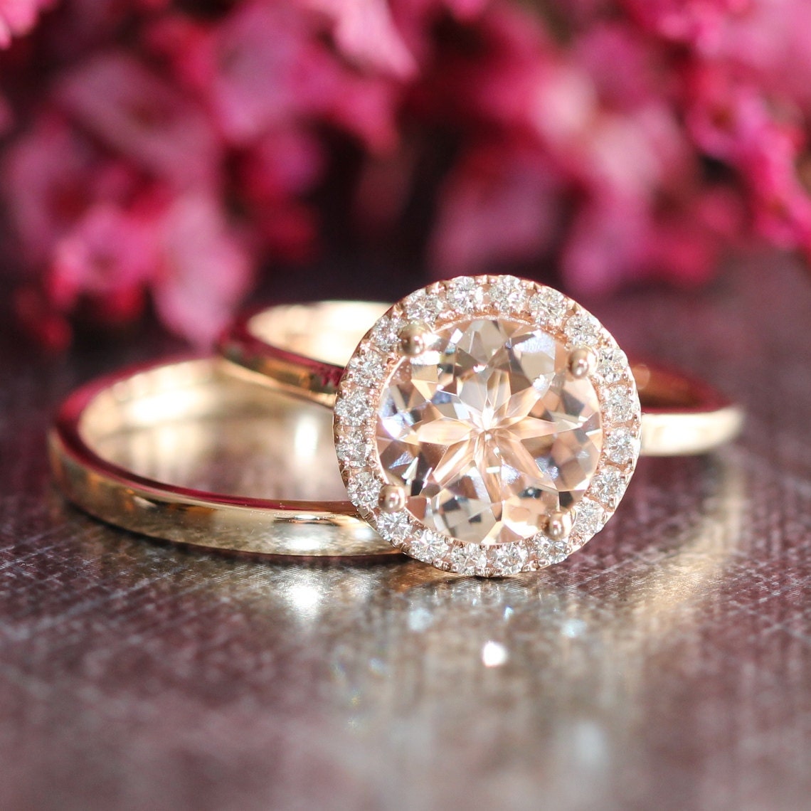 Pink Peach Morganite Engagement Ring Wedding Band by LaMoreDesign