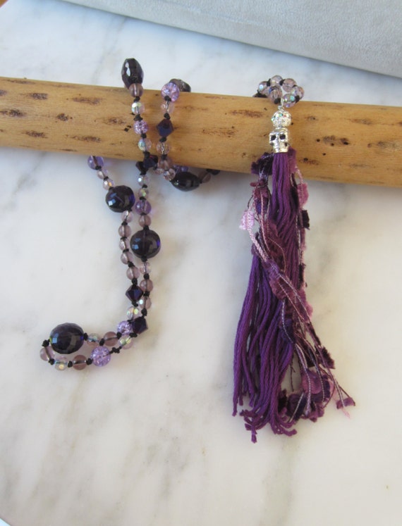 Items similar to Beaded Tassel Necklace, Purple crystal necklace, skull ...