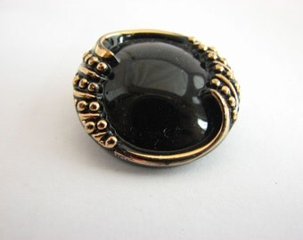 Black Glass Button with golden trim, 28 mm - 1 1/8" Large glass buttons, Buy 1 or 4, unused 1980s buttons