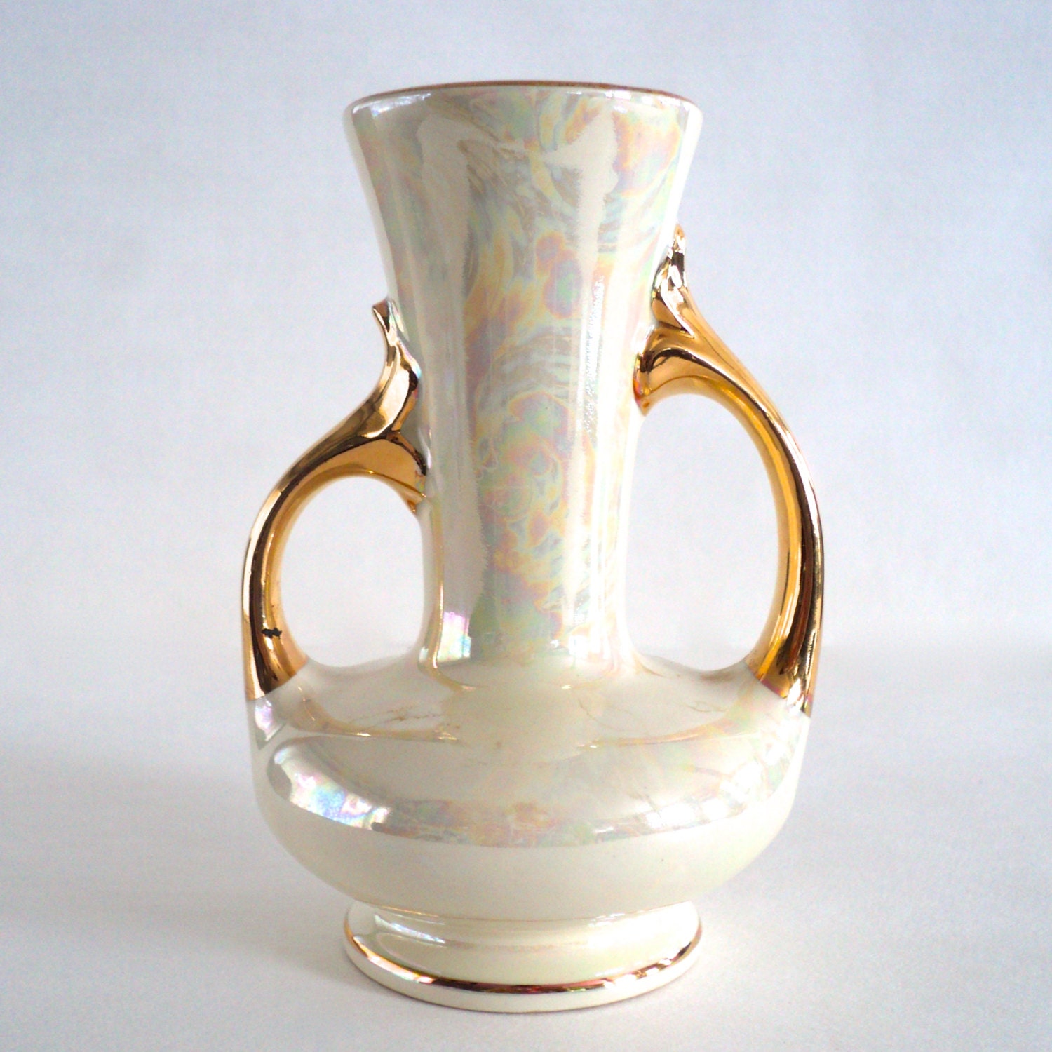 Iridescent Double Handled Vase with 22 KT Gold Trim