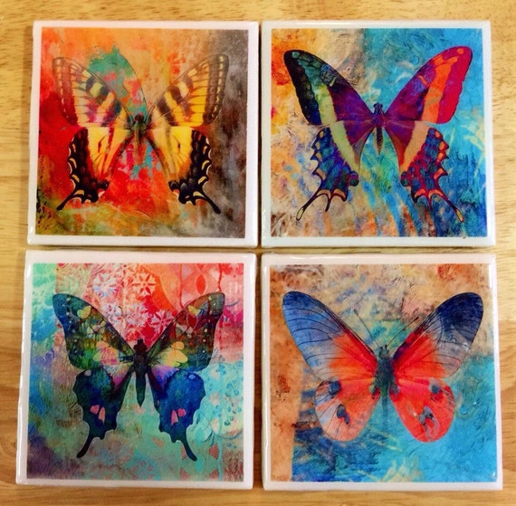 4 x 4 Beautiful Butterflies Ceramic Coasters by YesteryearCoasters