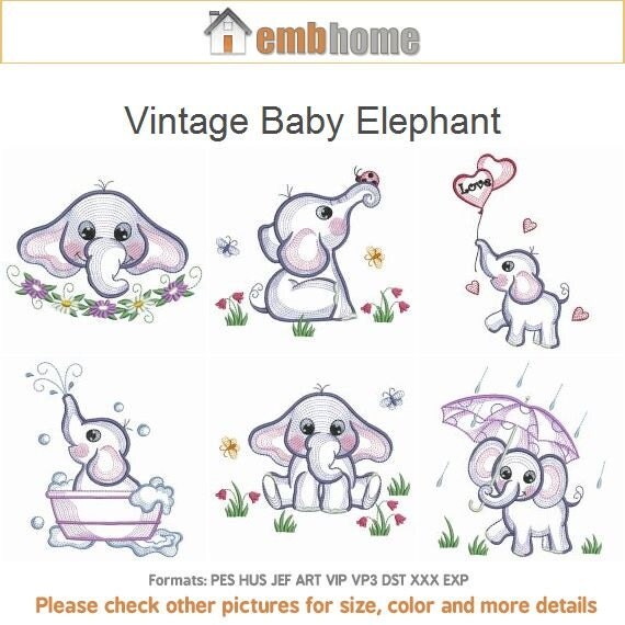 Vintage Baby Elephant Machine Embroidery Designs Instant