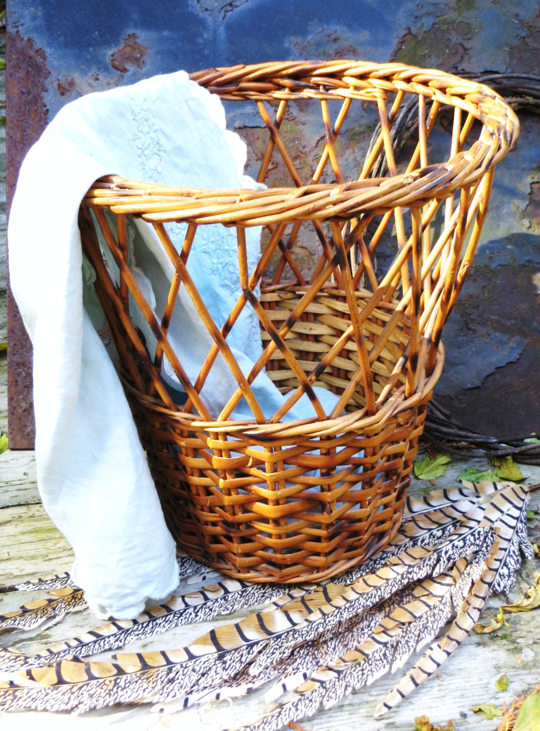 Woven Rattan Basket Waste Basket Vintage Wicker Rattan