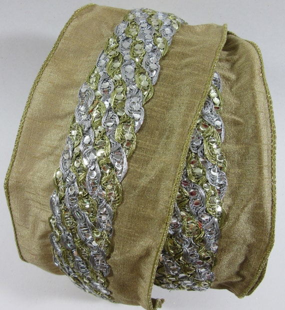Center Braided Silver Sequins Gold Dupioni Wire Edge Ribbon by D Stevens 4" x 10 Yards Christmas Holidays Wreaths Baskets Events Bows Gifts