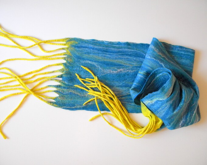 Winter scarf Gifts for wives Christmas gift ideas boho chic Blue yellow wool felted scarf with tassels Long Unisex scarves gift best friend