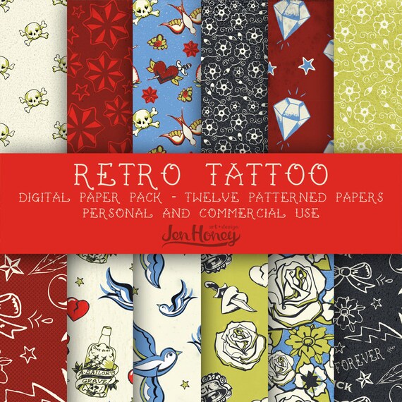 Tattoo Scrapbook Paper | retro tattoo digital paper pack for scrapbooking cards and Tattoo Scrapbook Paper | retro tattoo digital paper pack for scrapbooking cards and