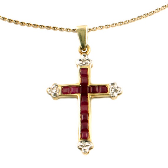 Ruby Cross Necklace in 10K Gold with Diamonds Vintage 10K
