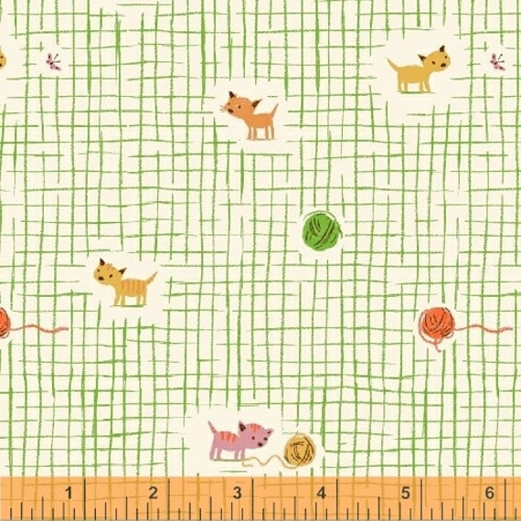 Items similar to Kitty and Yarn Grid in Green Quilting Cotton by Heather Ross for Windham