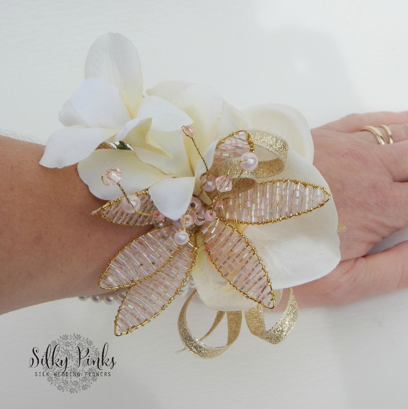 Cream Gold & Pink Wrist Corsage Calla Lily Corsage Wristlet